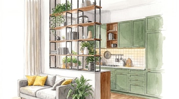 Pintura en acuarela de un interior con salón y cocina. Se observa un sofá gris con cojines amarillos, una estantería divisoria con plantas y libros, y una cocina con muebles verdes.
