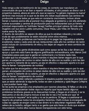 Texto digital en español sobre un fondo oscuro, detallando un testimonio anónimo con acusaciones de irregularidades laborales y fiscales en empresas