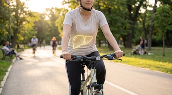 Mujer en bicicleta con casco en un parque, con silueta digital brillante de un hígado sobre su abdomen y otras personas al fondo.