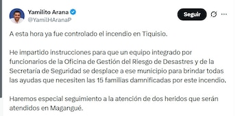 El alcalde Yamil Arana anunció el despliegue de la Oficina de Gestión del Riesgo de Desastres y equipos de apoyo para las familias de Tiquisio - crédito @YamilHAranaP/X