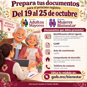 Personas adultas mayores y mujeres reúnen sus documentos para solicitar la Pensión para el Bienestar de las Personas Adultas Mayores y la Pensión Mujeres Bienestar, cuyo periodo de registro está previsto del 19 al 25 de octubre de 2026