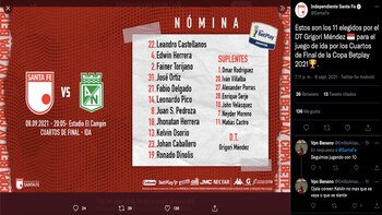 Once inicialista - Independiente Santa Fe vs. Atlético Nacional, Copa BetPlay 2021 / (Twitter: @SantaFe)