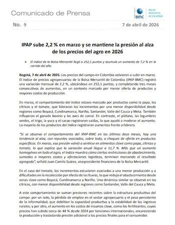El IPAP de la Bolsa Mercantil de Colombia muestra tres meses consecutivos al alzal - crédito Bolsa Mercantil de Colombia