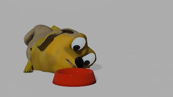 Un personaje animado de color amarillo mostaza con ojos grandes y negros se inclina hacia un cuenco rojo, sobre un fondo gris liso