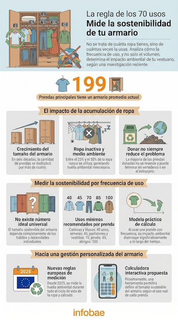 Armario abierto con ropa y números de usos mínimos; pila de ropa tachada; iconos de reciclaje, calendario con bandera europea, teléfono con app.