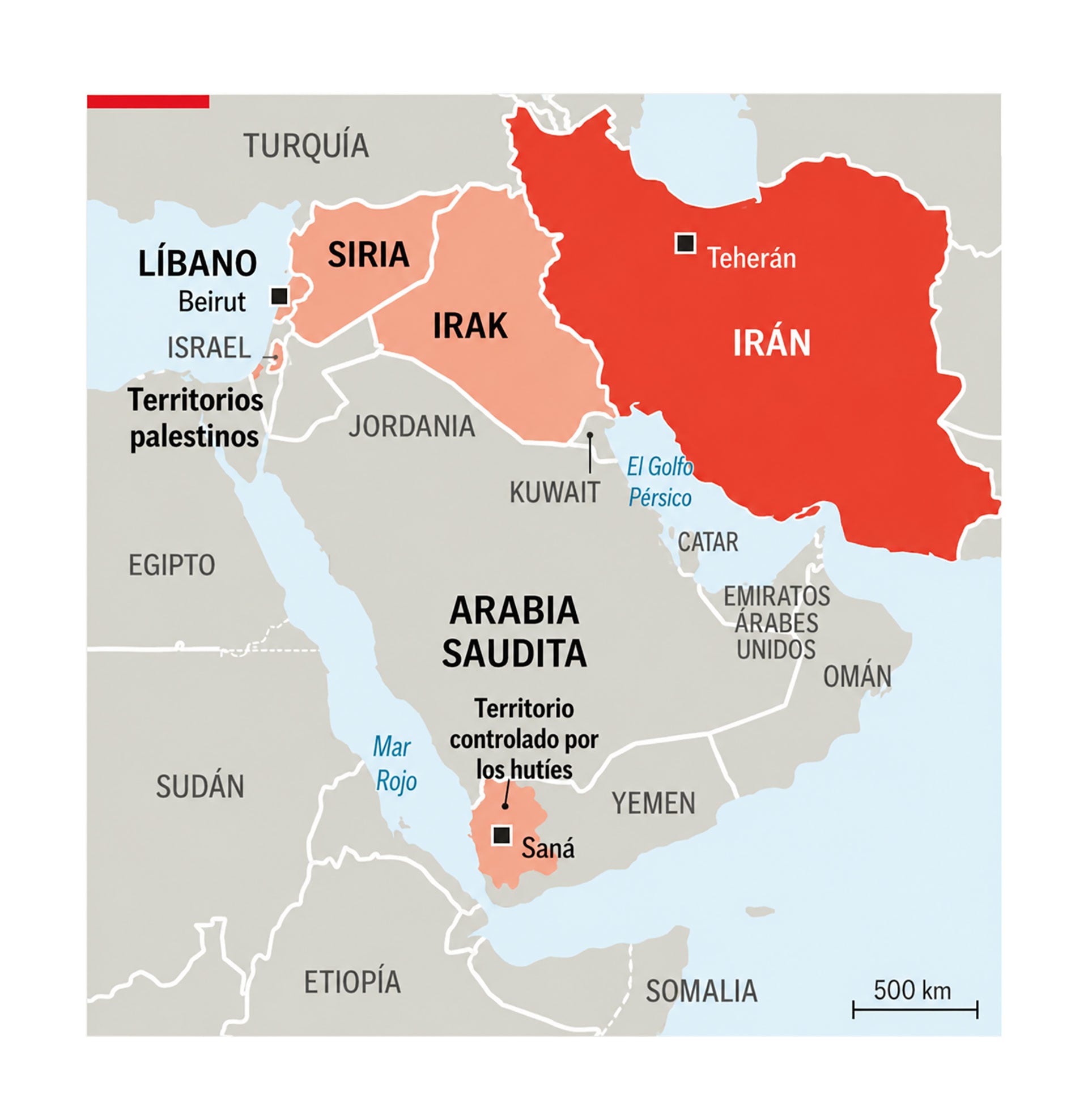 Mapa de Irán y su red de alianzas en Medio Oriente.