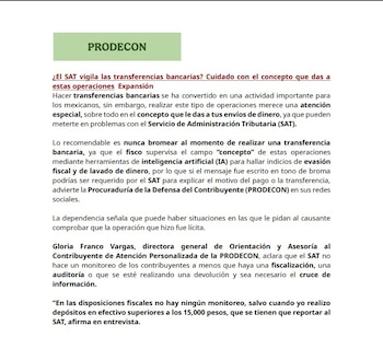Documento de texto con el título "PRODECON". Contiene un artículo sobre el monitoreo de transferencias bancarias y depósitos por el SAT en México