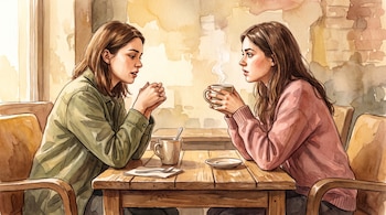 Ilustración en acuarela de dos mujeres sentadas frente a frente en una mesa con dos tazas de café humeantes, una cuchara y una servilleta.