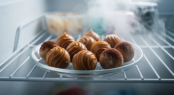 Primer plano de bombones de dulce de leche y cacao en una fuente de vidrio sobre una rejilla de freezer, con vapor frío elevándose en el fondo.