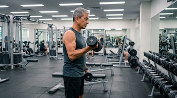 Hombre con cabello gris, camiseta sin mangas y shorts, levanta una mancuerna en un gimnasio con máquinas, bancos y estante de pesas.
