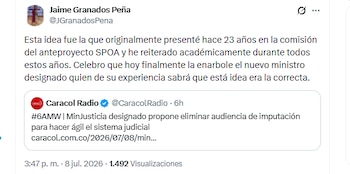 El abogado Jaime Granados Peña respaldó la propuesta de Iván Cancino, ministro de Justicia designado, de eliminar las audiencias de imputación de cargos - crédito @JGranadosPena/X