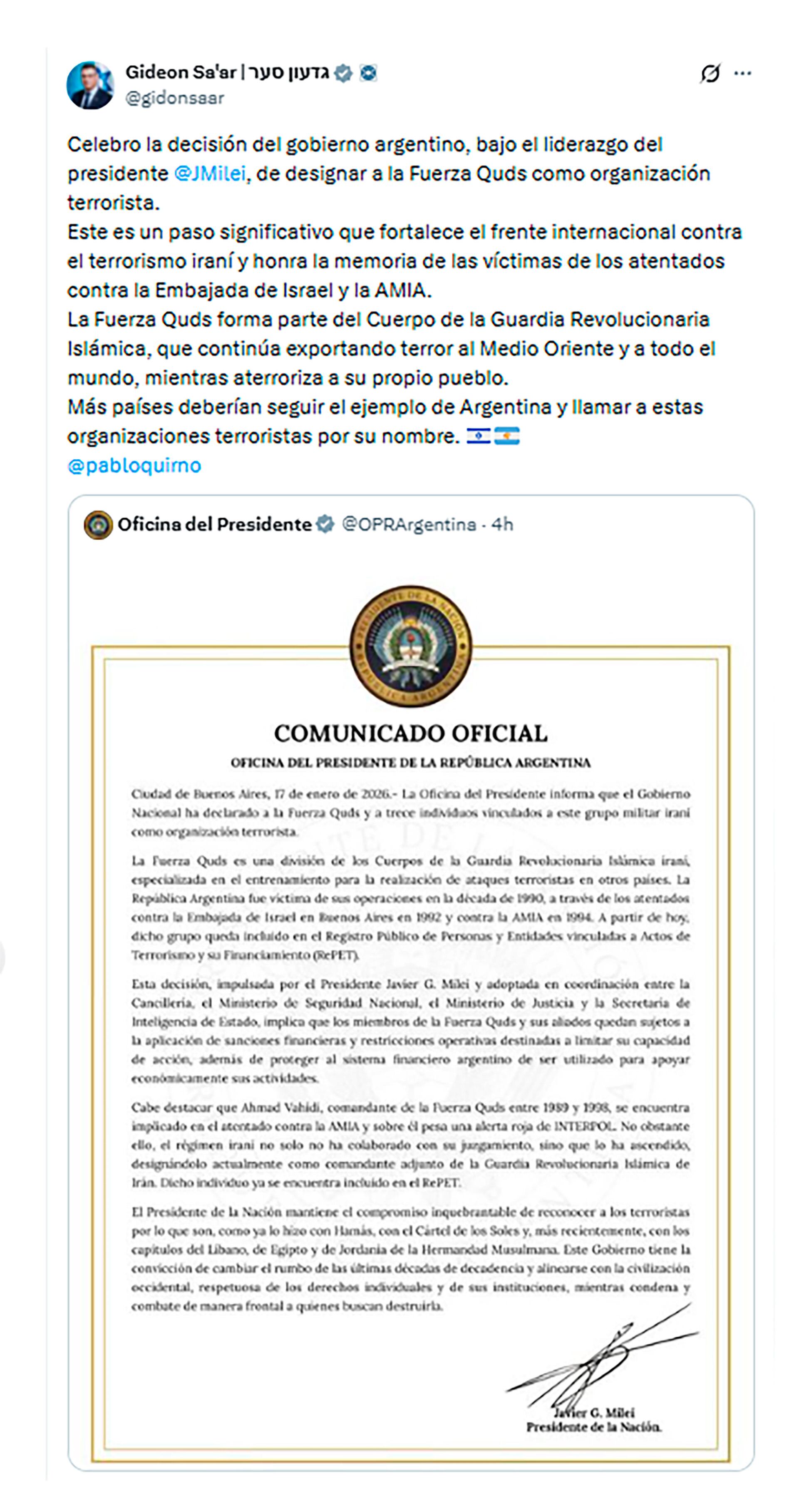 Israel también celebró la medida argentina y llamó a otros países a seguir el ejemplo para confrontar el terrorismo vinculado a la Guardia Revolucionaria Islámica de Irán