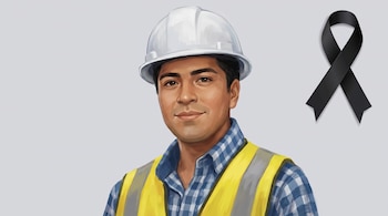 Ilustración de Pablo Osorio Sánchez, ingeniero civil con casco blanco, chaleco amarillo y camisa a cuadros, con un lazo negro en la parte superior derecha.