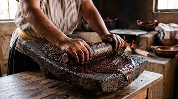 Manos que sostienen un rodillo de piedra para moler granos de cacao sobre un metate con pasta oscura en una mesa.