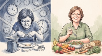 Ilustración dividida: a la izquierda, una persona con balanza, cinta métrica y relojes; a la derecha, una persona sonriente frente a comida variada.