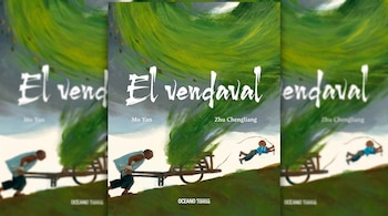 Portada de 'El vendaval' con ilustración de un hombre empujando un carro cargado de vegetación y un niño volando por el viento en una colina.