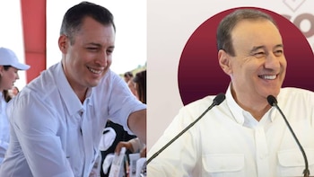 Fotomontaje con Luis Donaldo Colosio a la izquierda inclinándose y Alfonso Durazo a la derecha sonriendo ante dos micrófonos