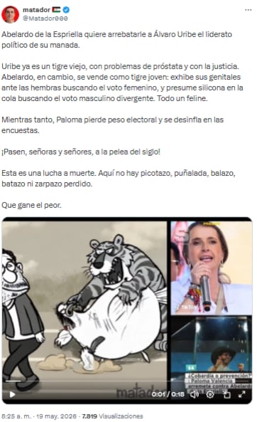 Matador criticó la batalla política entre Abelardo de la Espriella y Álvaro Uribe en Colombia - crédito @Matador000/X