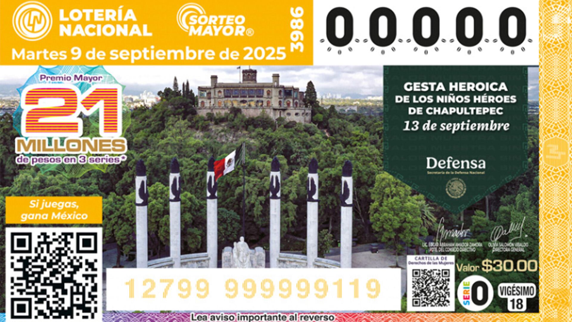El billete del sorteo de este martes hace un homenaje a la defensa del Castillo de Chapultepec en la invasión Norteamericana de 1847.