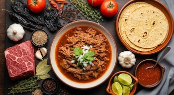 Plato de birria de res, carne cruda, chiles secos, tomates, limones, ajo, cebolla, cilantro, especias variadas, tortillas de maíz y salsa roja.