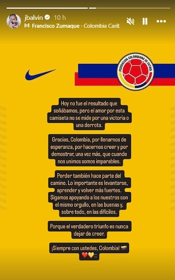 J Balvin salió a respaldar a la Selección Colombia tras la eliminación y dejó un mensaje que conectó con los hinchas - crédito @jbalvin/IG