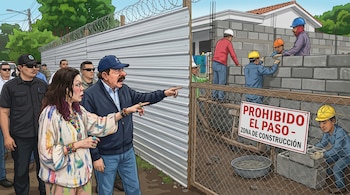 Caricatura de Daniel Ortega y Rosario Murillo apuntando hacia un muro en construcción. Obreros levantan bloques de cemento detrás de una valla con alambre de púas.