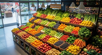 Exhibición escalonada de frutas y verduras frescas en cestas de mimbre, incluyendo manzanas, naranjas, uvas y lechugas, en la entrada de un supermercado bajo un cartel de "Bienvenido".