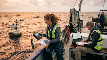 Una investigadora y un investigador usan equipos electrónicos y libretas en la cubierta de un barco frente a una boya en el mar.