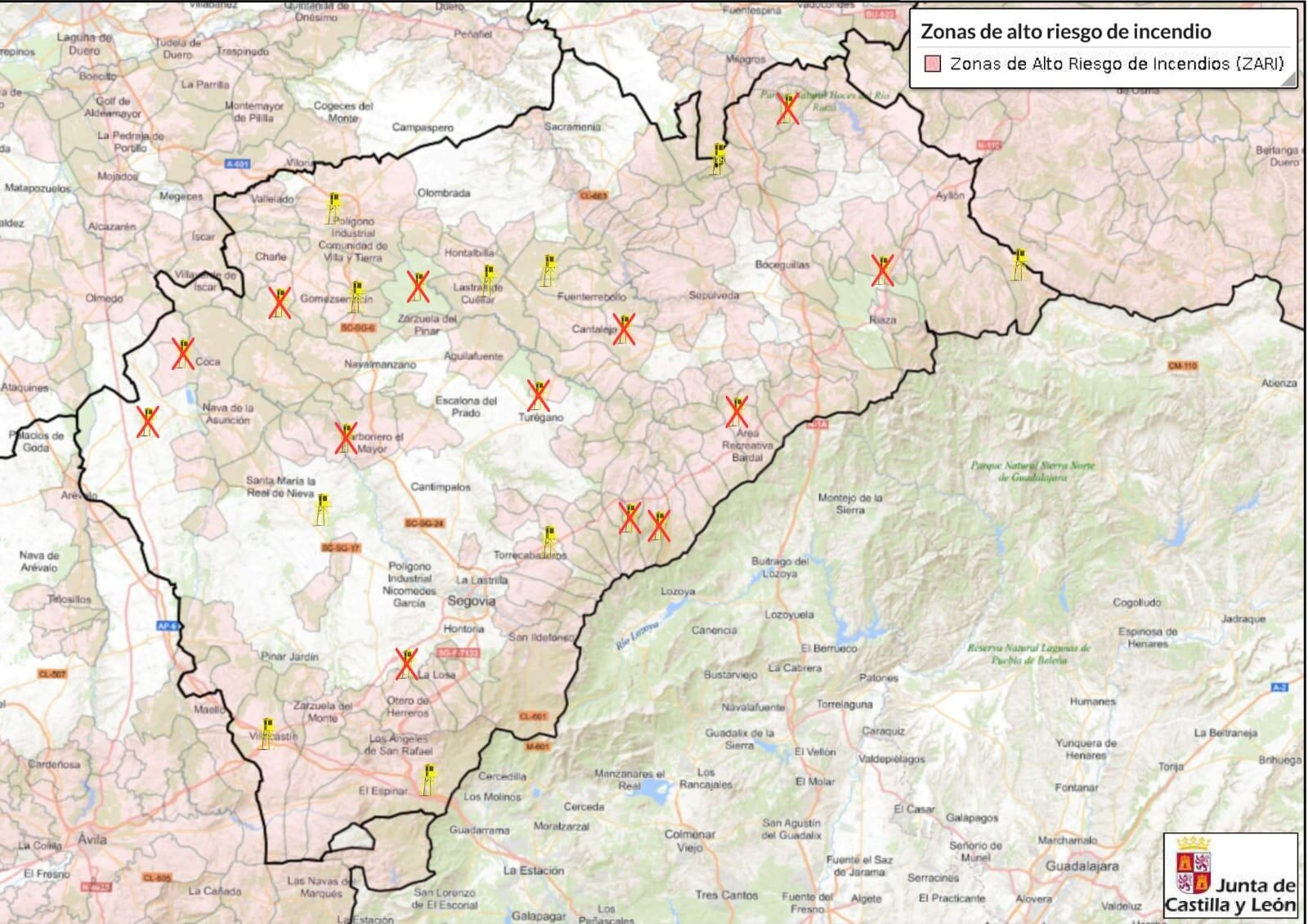 Mapa de las torres que quedaron abiertas en 2024 y las que han cerrado para su desmantelamiento (con cruces rojas las cerradas). (Junta de Castilla y León/ ATIFCyL)