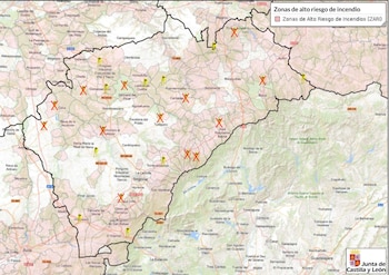 Mapa de las torres que quedaron abiertas en 2024 y las que han cerrado para su desmantelamiento (con cruces rojas las cerradas). (Junta de Castilla y León/ ATIFCyL)
