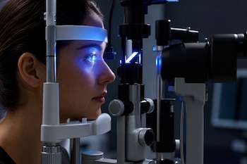 Perfil de una persona apoyada en un equipo médico mientras un haz de luz azul ilumina su ojo.