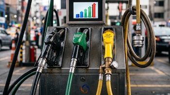 Tres boquillas de combustible de colores negro, verde y amarillo colocadas en un surtidor con una pantalla de barras de colores.