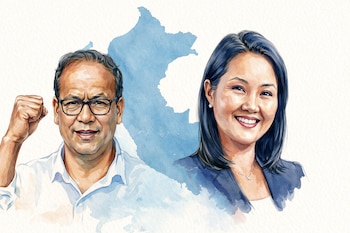 Ilustración de un hombre con gafas y puño cerrado junto a una mujer sonriente, ambos sobre el contorno azul acuarela del mapa de Perú.