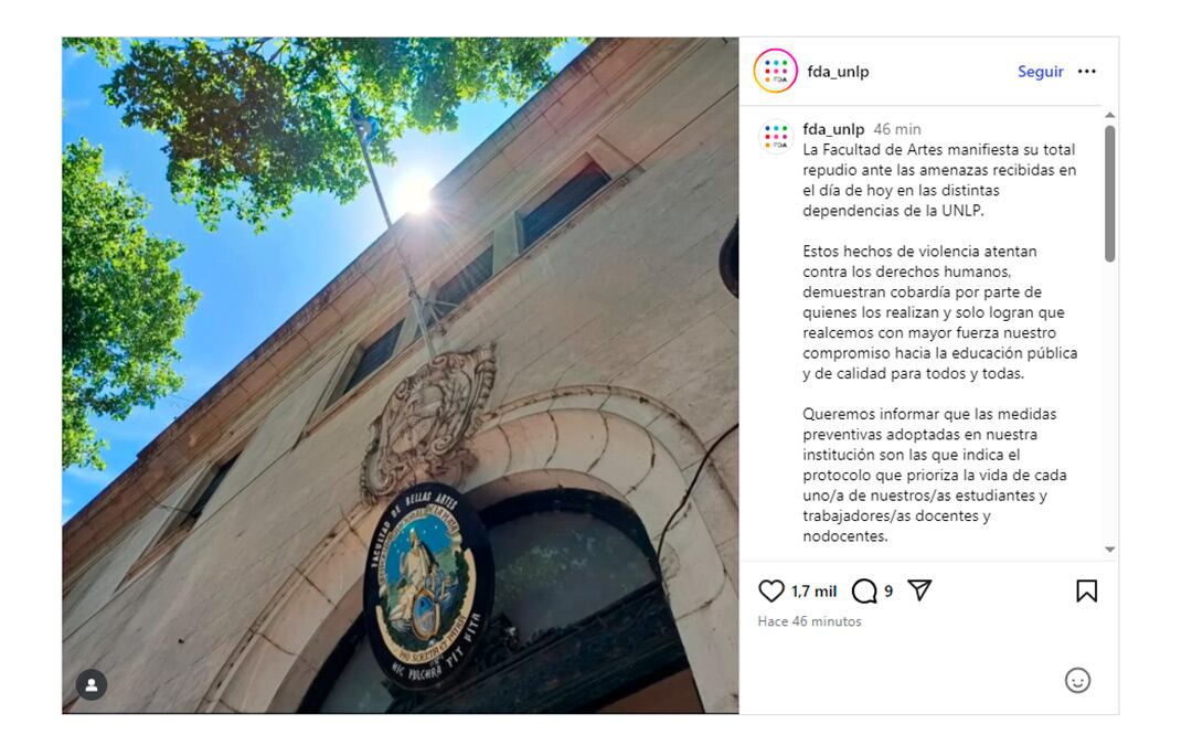 El comunicado de la Facultad de Artes repudiando el mensaje intimidatorio