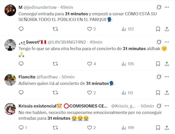 Captura de pantalla con cuatro mensajes de la red social X que contienen comentarios sobre entradas para el espectáculo 31 minutos