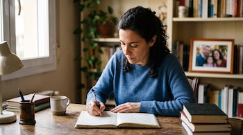 Una mujer con suéter azul escribe en un cuaderno sobre un escritorio con libros, una taza y un retrato familiar de fondo.