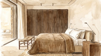 Pintura acuarela de un dormitorio acogedor con cama matrimonial, edredón marrón, mesitas de noche de madera, lámparas, un banco y un armario empotrado.