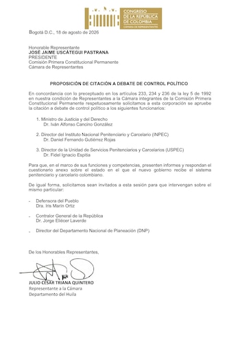 El representante Julio César Triana citó a debate de control político al ministro de Justicia, Iván Cancino; al director del Inpec, Daniel Fernando Gutiérrez, y al director de la Uspec, Fidel Espitia - crédito @TrianaCongreso/X