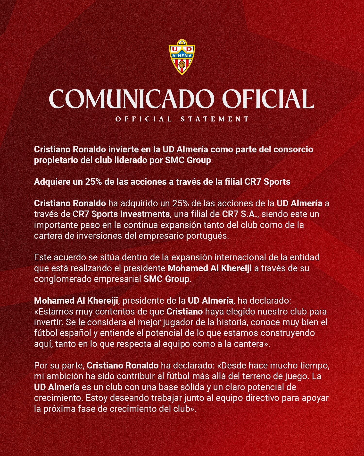 Este fue el momento cuando el cuadro español hace oficial la compra de Cristiano Ronaldo de un porcentaje de sus acciones - crédito @U_D_Almeria / X