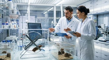 Un hombre y una mujer con bata blanca observan ratones dentro de recipientes transparentes sobre una mesa de laboratorio.