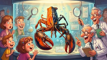 Ilustración de un bogavante bicolor naranja y negro en un tanque de vidrio, observado por científicos con lupas y familias con niños sorprendidos.