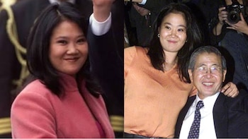 Fotografía con dos imágenes de Keiko Fujimori. Izquierda: con chaqueta rosa. Derecha: más joven, junto a Alberto Fujimori con traje oscuro