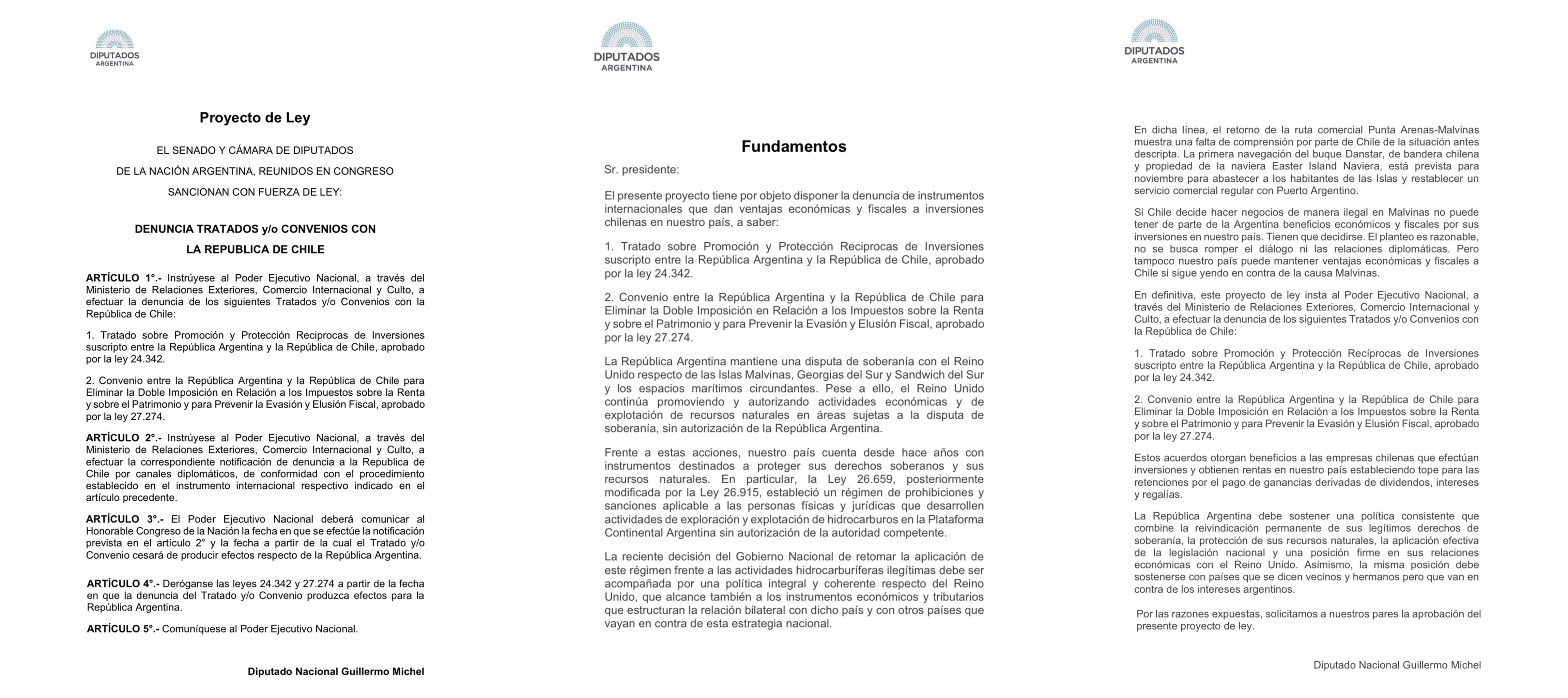 El proyecto solicita al Ejecutivo la denuncia del tratado de inversiones y del convenio sobre doble imposición con Chile