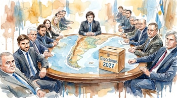 Ilustración en acuarela de Javier Milei presidiendo una mesa redonda con varios gobernadores, sobre un mapa de Argentina y una urna "Elecciones 2027".