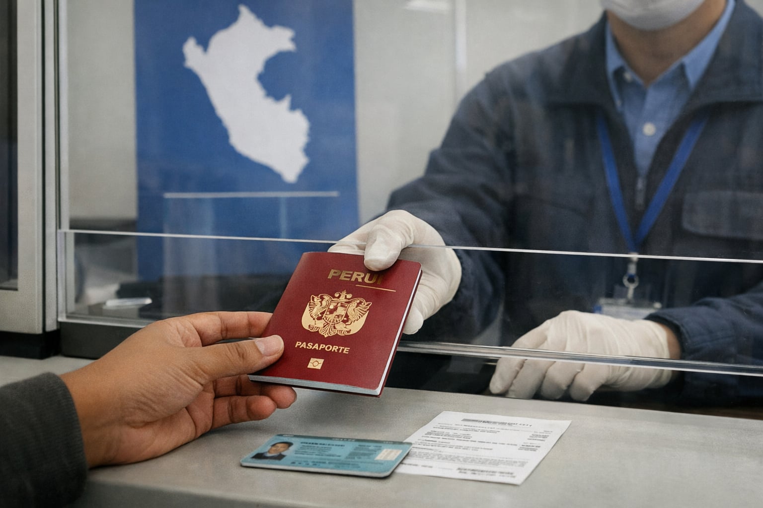 Una persona recibe su pasaporte electrónico peruano de un funcionario de Migraciones, destacando la eficiencia en los trámites documentarios. (Imagen Ilustrativa Infobae)