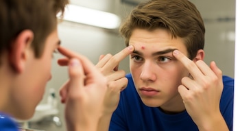 Primer plano de un adolescente con cabello castaño y ojos verdes en un baño, mirándose en el espejo y pellizcándose un grano rojo en la frente.