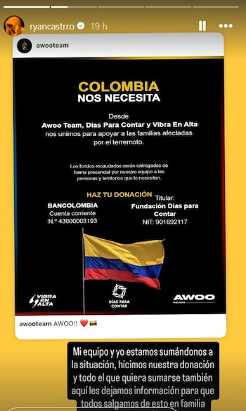 Ryan Castro se suma a los famosos que están recogiendo ayudas para los damnificados por terremoto en Colombia - crédito @ryancastro/IG