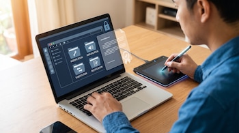 Hombre usa un portátil con interfaz de gestión documental y una tableta gráfica con lápiz óptico. Se ven iconos de seguridad y certificación