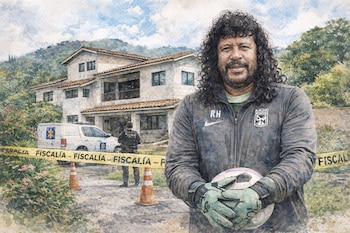 Pintura acuarela de René Higuita, camiseta deportiva, balón. Detrás, una casa, vehículo de policía, agente y cinta amarilla de Fiscalía.