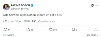 Captura de pantalla de una publicación de Fatima Bosch con su foto de perfil y el texto 'Que nervios, ojalá Ochoa le pare un gol a bts'